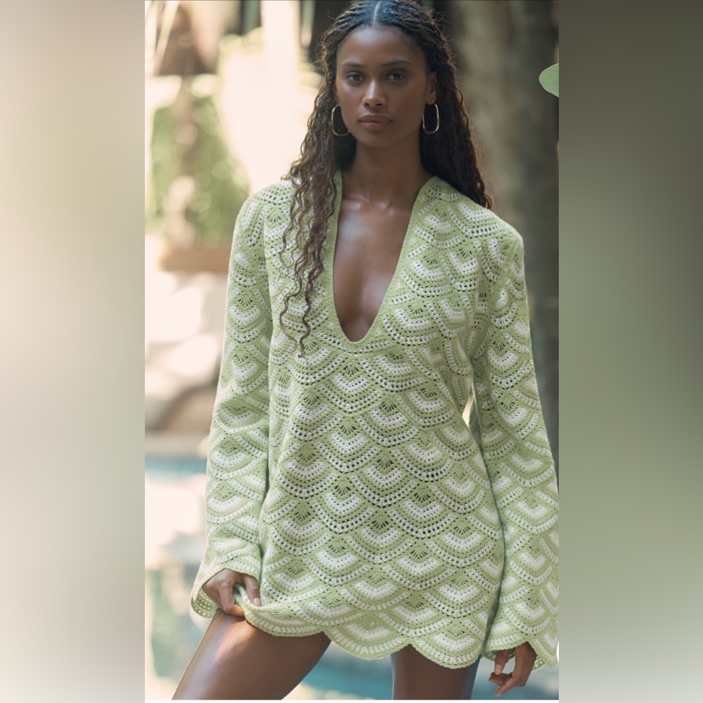 Light Green Crochet V-Neck Swim Coverup